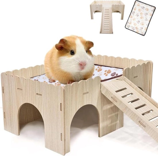 Casa per conigli con pendenza - letto morbido per piccoli animali - casa per conigli - con 4 ingressi - riparo in legno - letto e accessori per gioco per conigli 38x25x18cm
