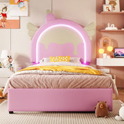 Letto bambino-Xylo-90x200 cm-2 cassetti, LED, forma unicorno, PU rosa