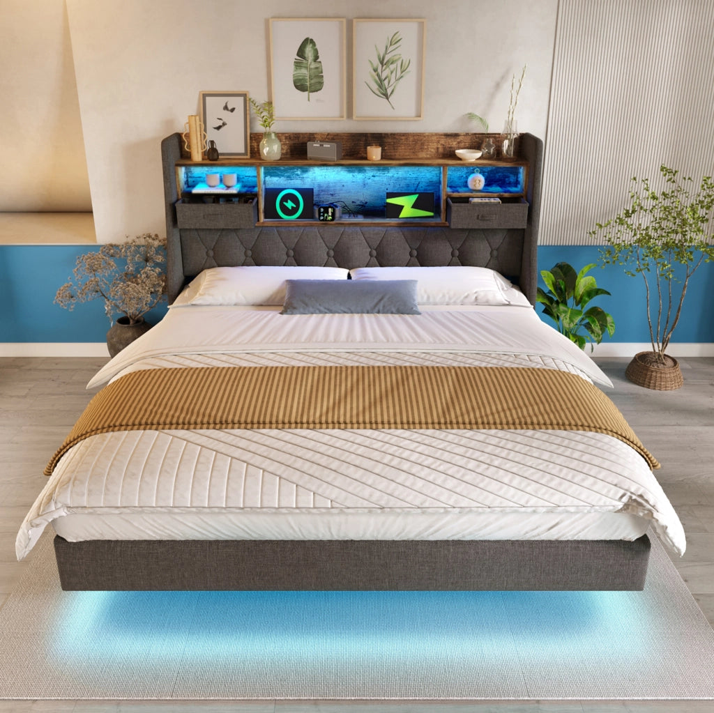 Letto 140x200 cm con LED; porta USB C e testiera contenitore; lino grigio