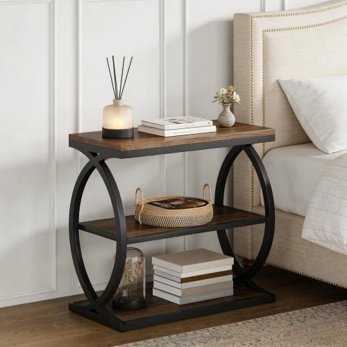 Tavolino basso fisso industriale farmhouse con 3 ripiani aperti in metallo e legno nero e marrone rustico 60 cm