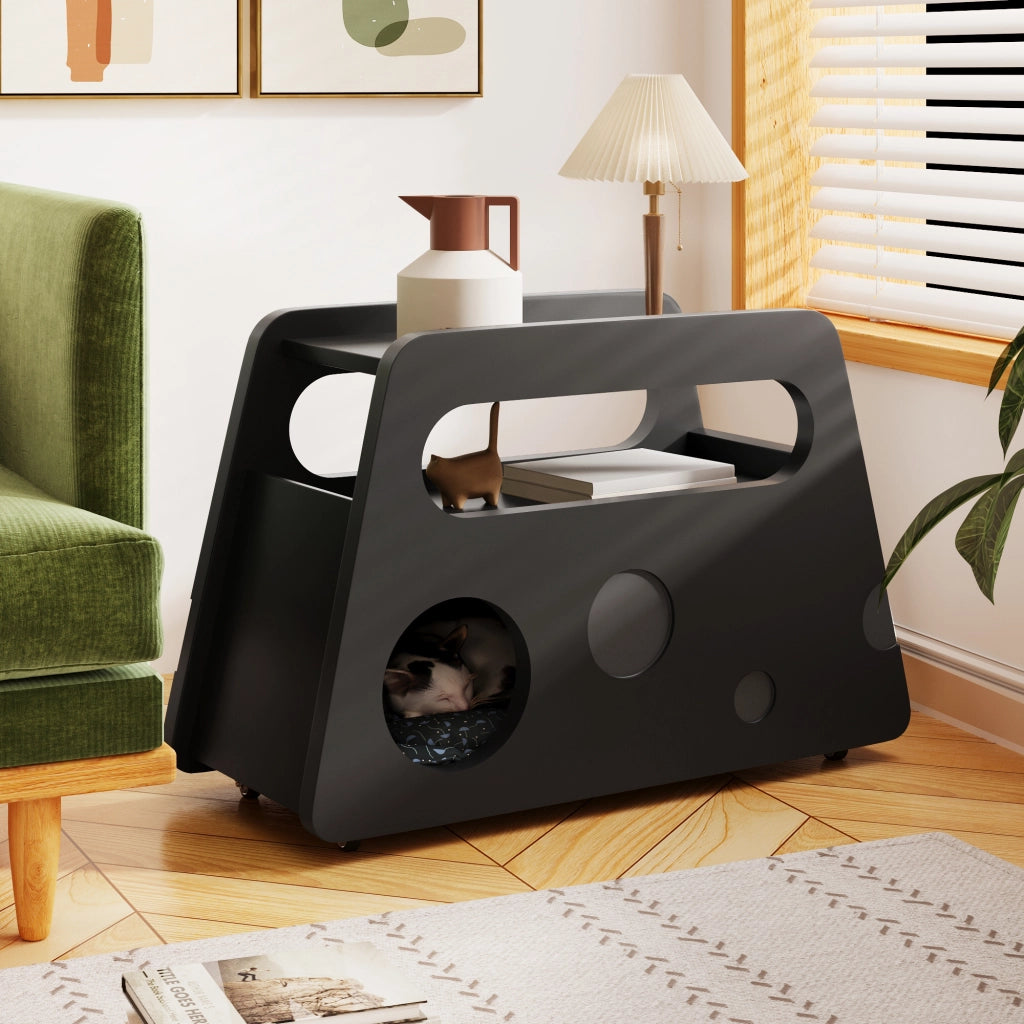 Carrello Comodino ¨C MINIMAL ¨C Nero, Rotondo, con Ruote, 81x33x51,5 cm