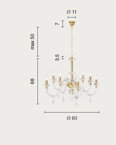 LAMPADARIO DIDO 8 LUCI FUME' E ORO ATTACCO E14 D.83CM