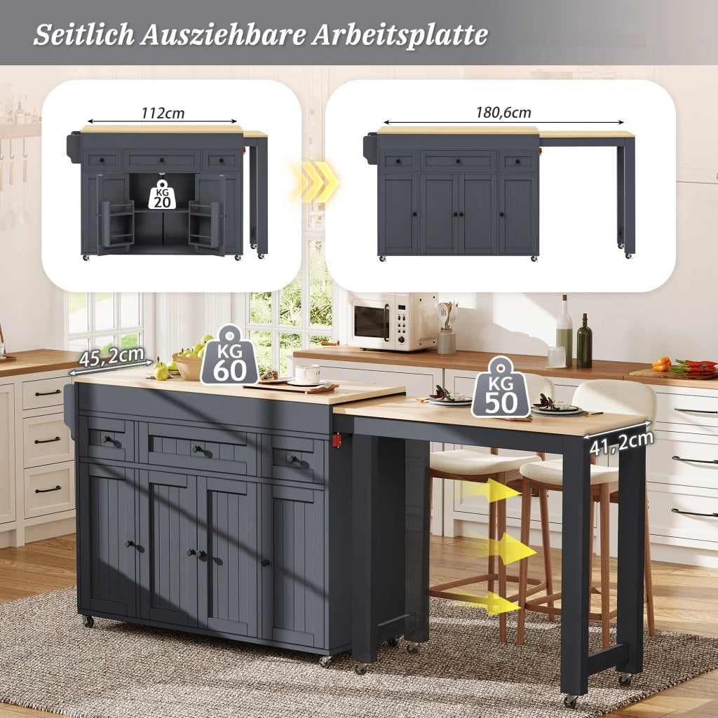 Carrello da cucina con piano estraibile, 3 cassetti, per cucina, grigio, 137-190,6 × 45,2 × 92 cm
