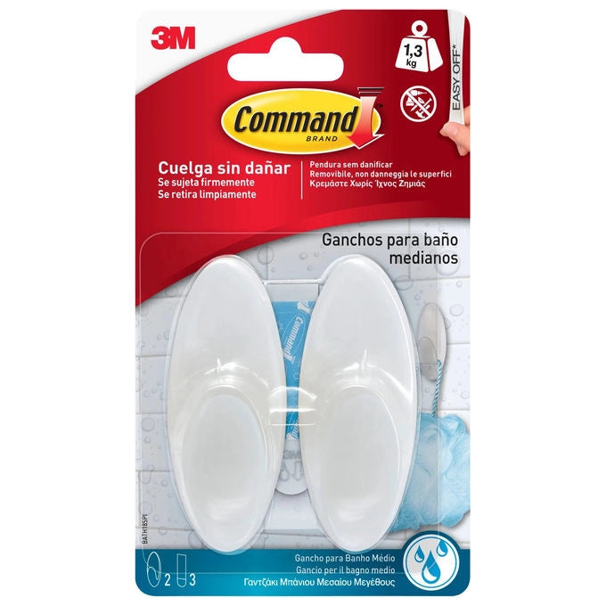 3M Command ganci adesivi per bagno, resistenti all'acqua, bianchi, medi, plastica, 1,3 kg, 2 pezzi