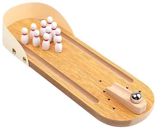 Set di Bowling Miniatura in Legno - Design Compatto - Decorazione da Tavolo - Ideaale per Pausi Corti - Impostazione Realistica