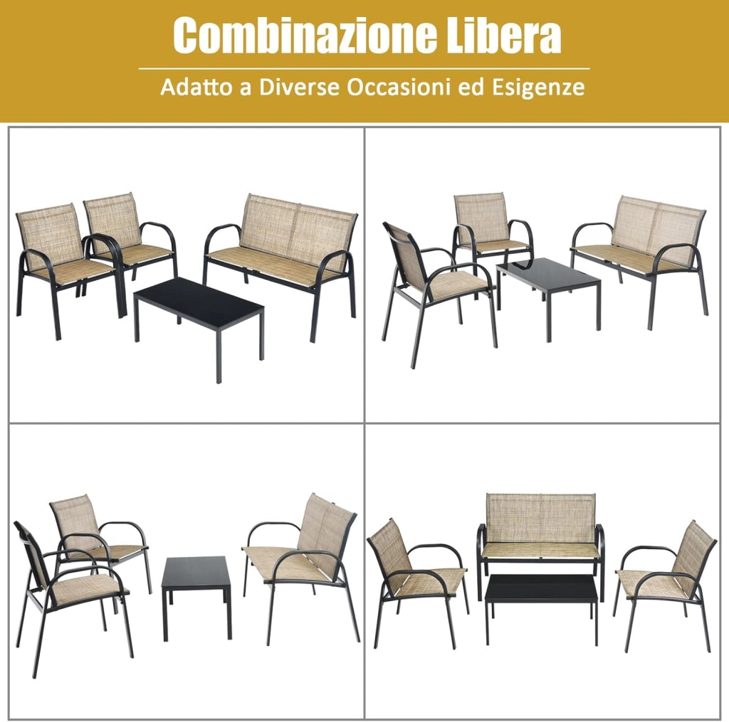 Set da Giardino con 4 Pezzi, Set da Giardino per Chiacchierare, Sedie da Giardino con Tavolino in Vetro, con Struttura Resistente in Ferro, Tessuto a Rete Traspirante (Marrone)