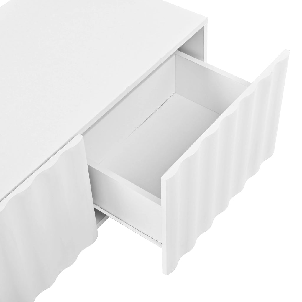 Tavolino basso moderno con 2 cassetti e frontale effetto onda per soggiorno in MDF e pannello truciolare bianco