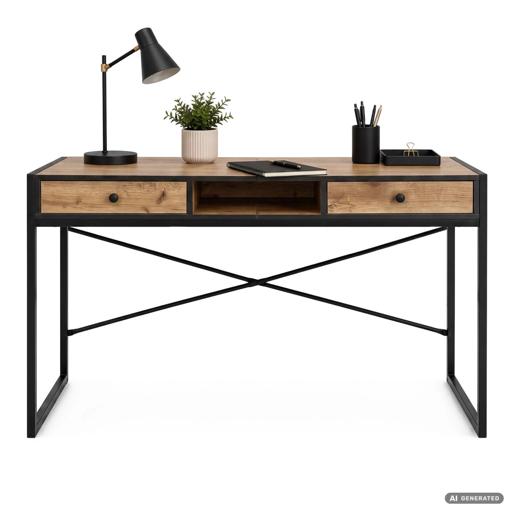 Scrivania industriale per computer Rovere Craft ELONIS 123 cm 2 cassetti 1 ripiano gambe nere