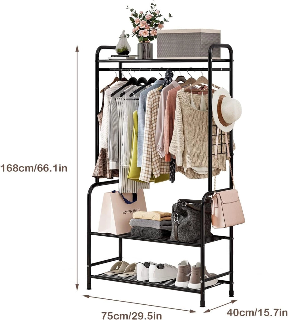 Stand Appendiabiti in Metallo,Stendino durevole salvespazio di grande capacità con piu scaffali conDesign a doppia asta di sospensione,grande capacita di stoccaggio,74 * 40 * 168cm,Bianco