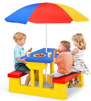 Set di sedie per bambini con ombrellone, mobili per bambini con 1 tavolo e 2 panche, set per bambini in polipropilene, set da picnic per parco, giardino, campeggio, blu, rosso, giallo