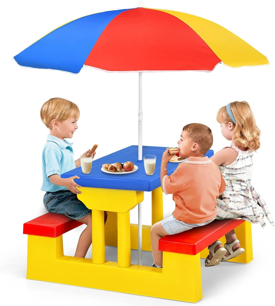Set di sedie per bambini con ombrellone, mobili per bambini con 1 tavolo e 2 panche, set per bambini in polipropilene, set da picnic per parco, giardino, campeggio, blu, rosso, giallo