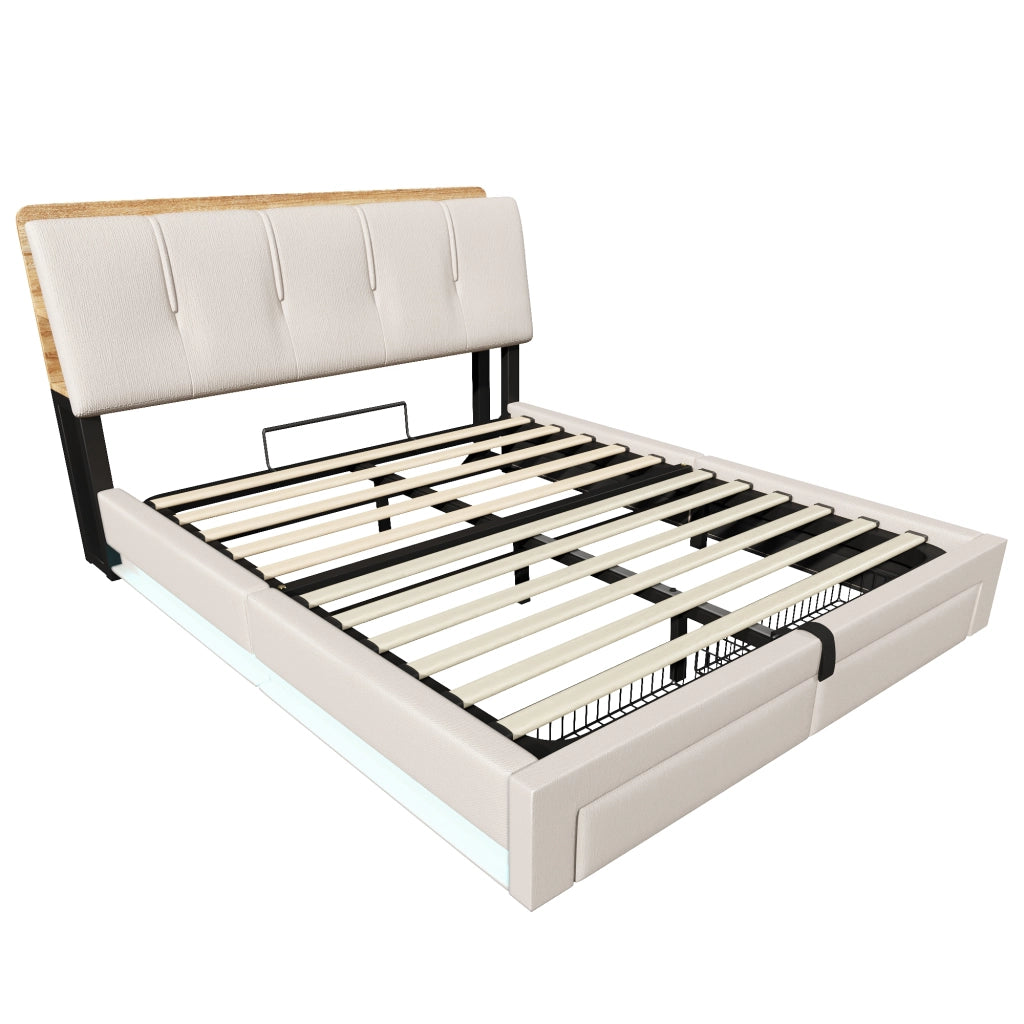 Letti contenitori 140x200 cm; con USB e LED; lino beige (Senza materasso)