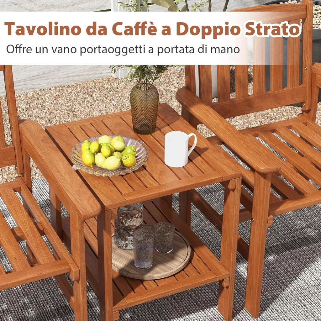 Set di 3 Pezzi da Giardino, Tavolino e 2 Sedie da Patio in Legno, con Foro per Ombrellone, Set di Mobili da Esterno a 3 Pezzi per Giardino, Tavolino Portato 35 kg, Sedia Portata 120 kg