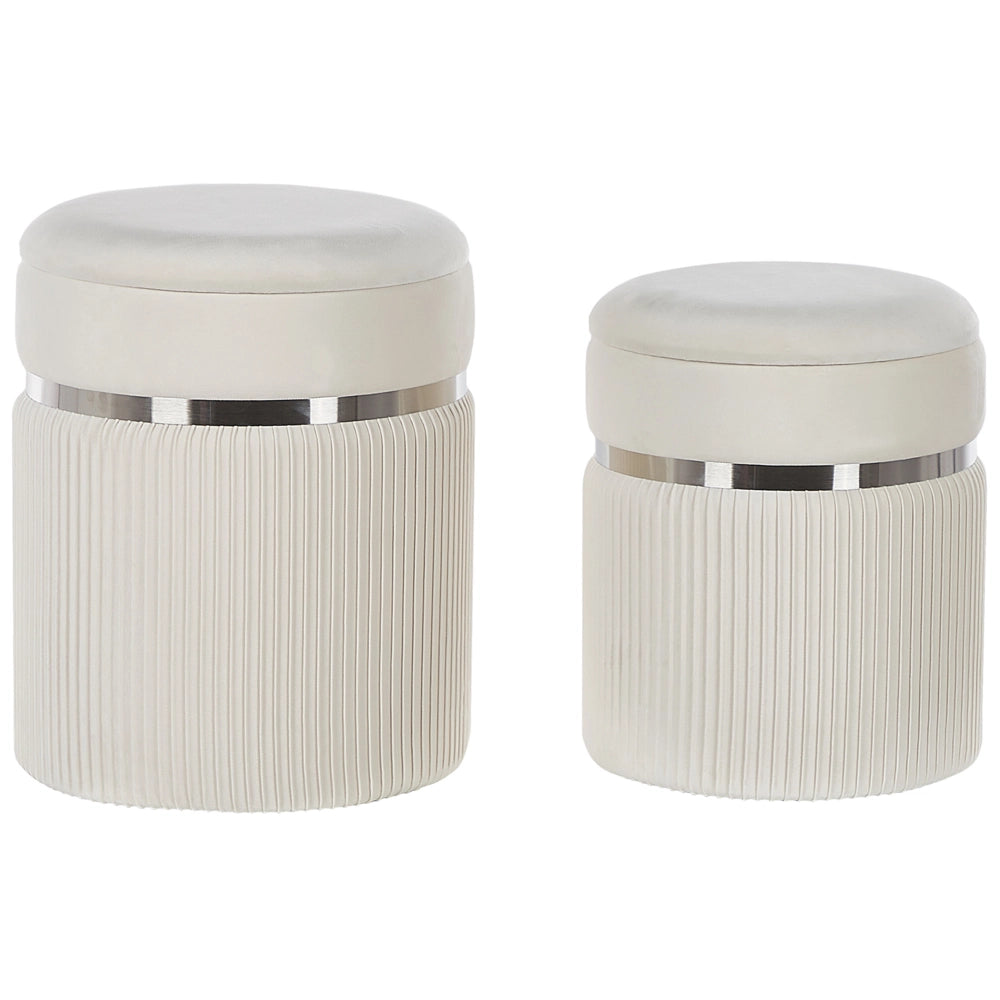 Set di 2 pouf Velluto bianco Fasce metalliche Glamour Contenitori interni Soggiorno Camera da letto