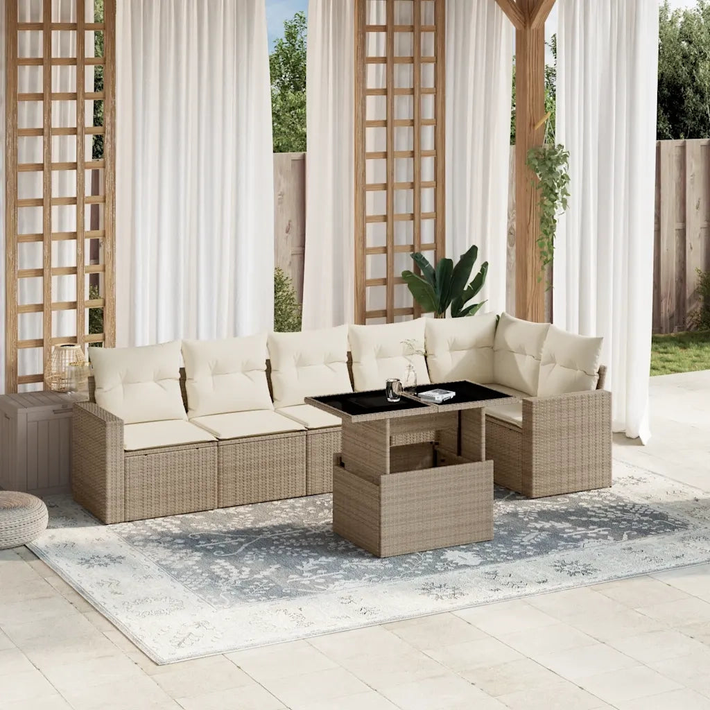 Set Divani da Giardino 7 pz con Cuscini Beige in Polyrattan
