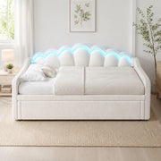 Divano letto estraibile con letto a scomparsa e striscia LED multicolore, testiera ondulata in velluto e MDF beige