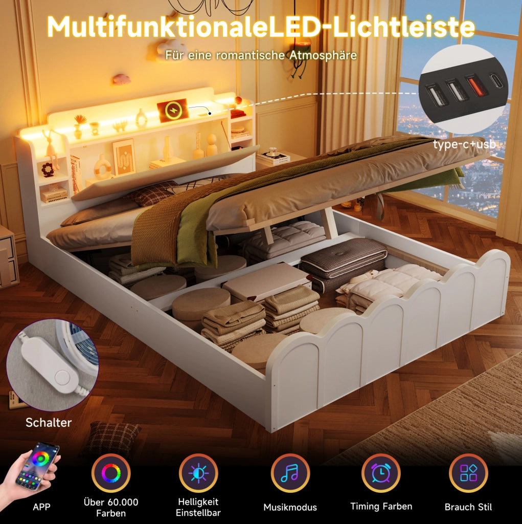 Letto 140x200 cm con vano idraulico, LED e porte USB-C