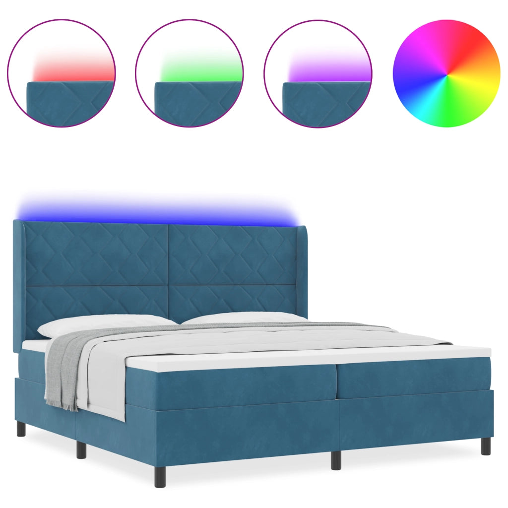 Letto Box Spring con Materasso e LED Blu Scuro 200x200 cm Velluto