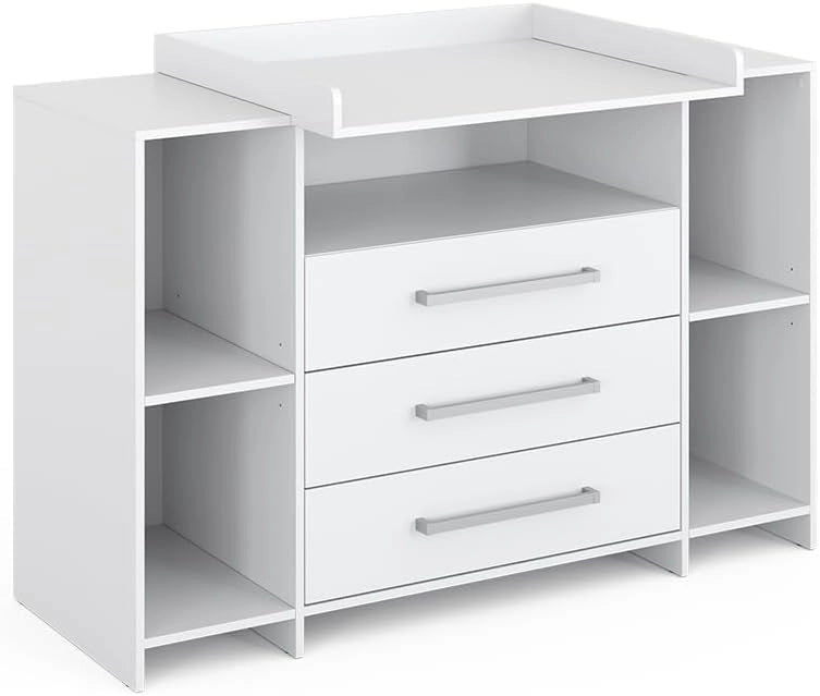 Fasciatoio Oskar, Bianco, 143 x 100 cm XL con cassetti, adatto come fasciatoio con area di appoggio estensibile