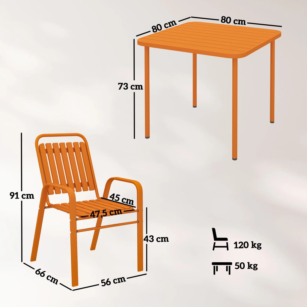 Tavolo da giardino con 4 sedie impilabili ¨C zephmum ¨C piano a doghe 80 cm, struttura in acciaio, arancione