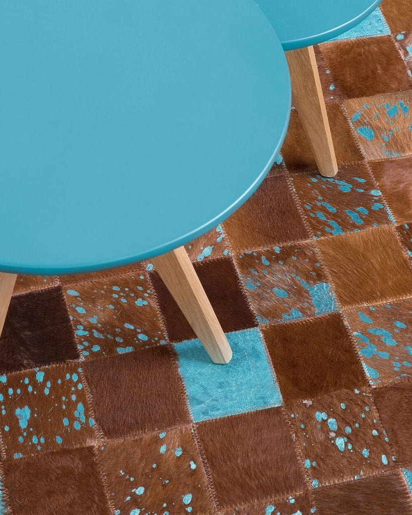 Tappeto Pelle Marrone e Blu 80 x 150 cm Pelle Bovina Artigianale