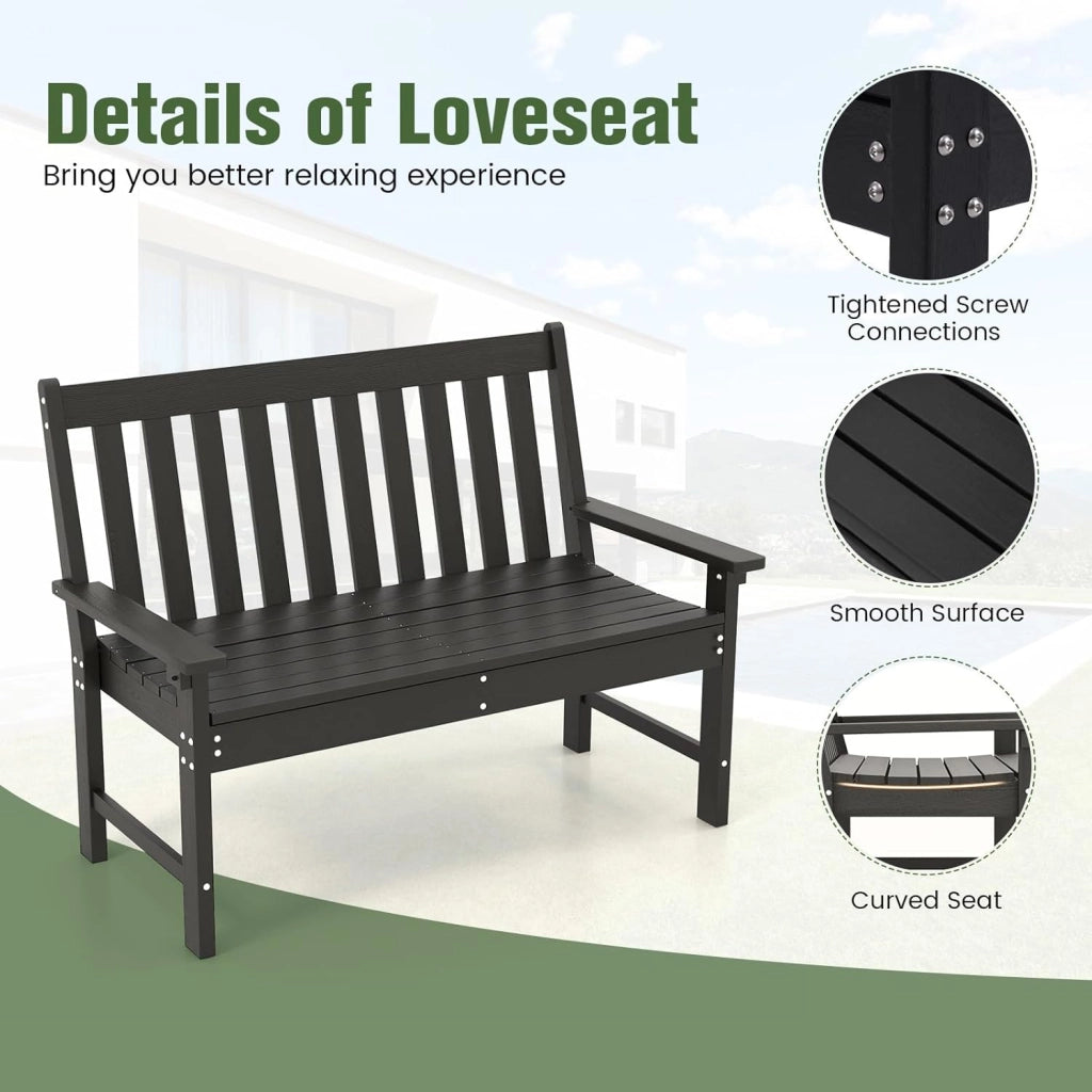 Panca da giardino per 2 persone, panca da parco in plastica con schienale alto, panca da esterno, resistente alle intemperie, per giardino, patio, terrazza, 132 x 65 x 91 cm