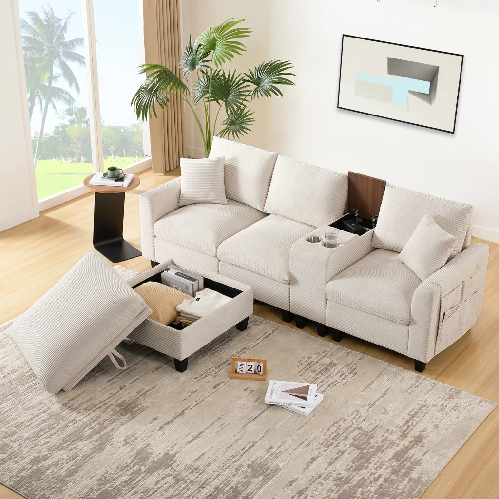 Divano angolare modulare con console centrale USB portabicchieri tasche laterali e cuscini in velluto a coste beige