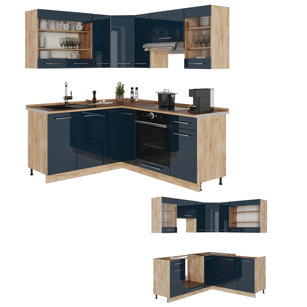 Cucina ad angolo Fame-Line Blu scuro lucido/Rovere dorato 190 x 160 cm, PL Antracite Vicco