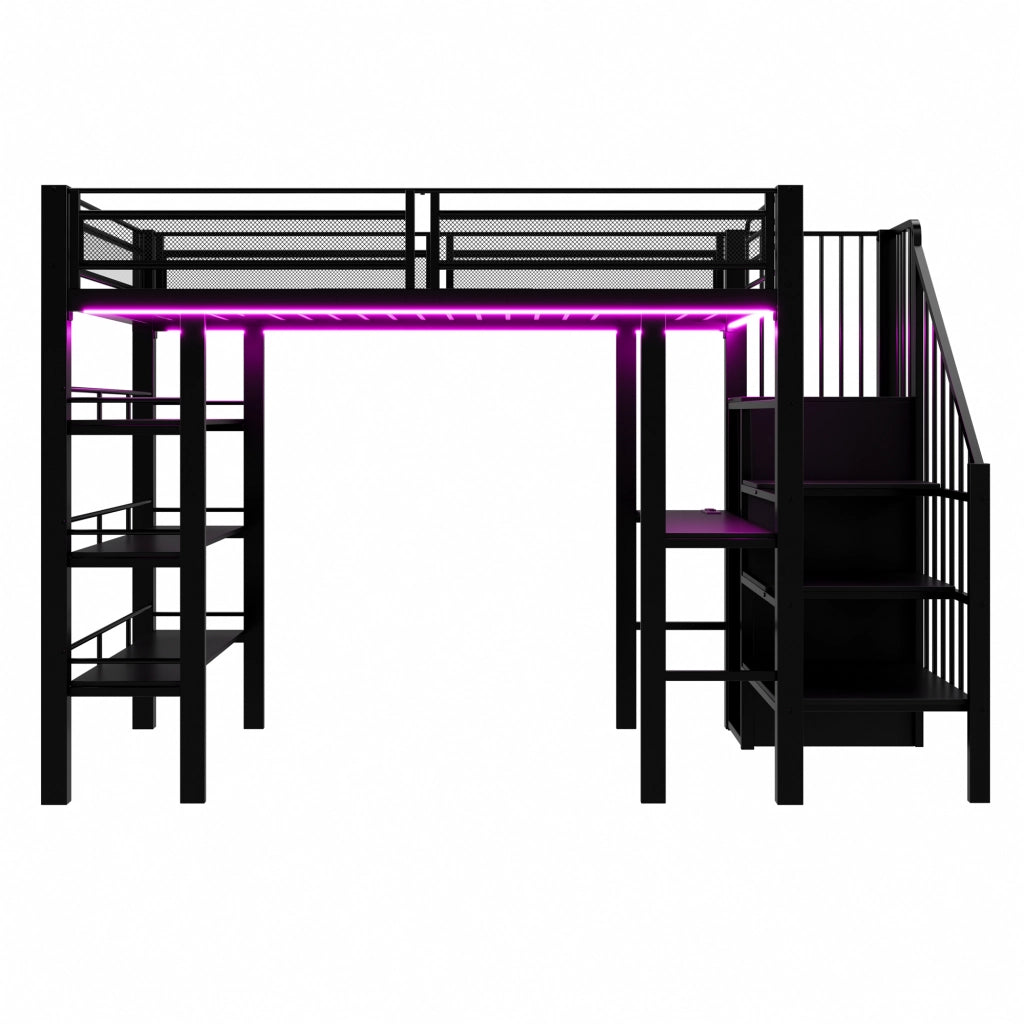 Hochbett 90 x 200 cm in metallo con scrivania, scaffale a 3 livelli, guardaroba integrato, LED e presa, nero