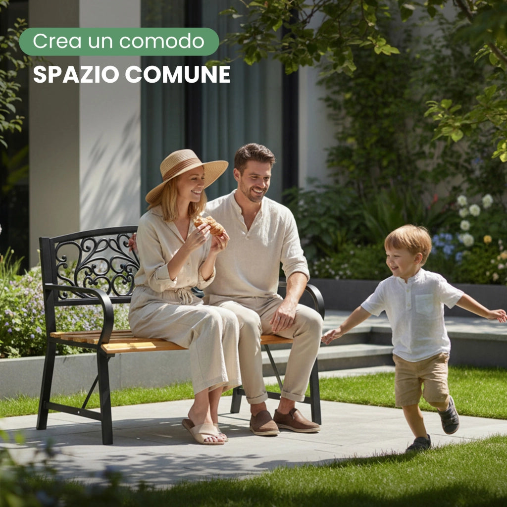 Panchina da giardino nera NERINA con legno laccato e gambe in ghisa larghezza 118 cm