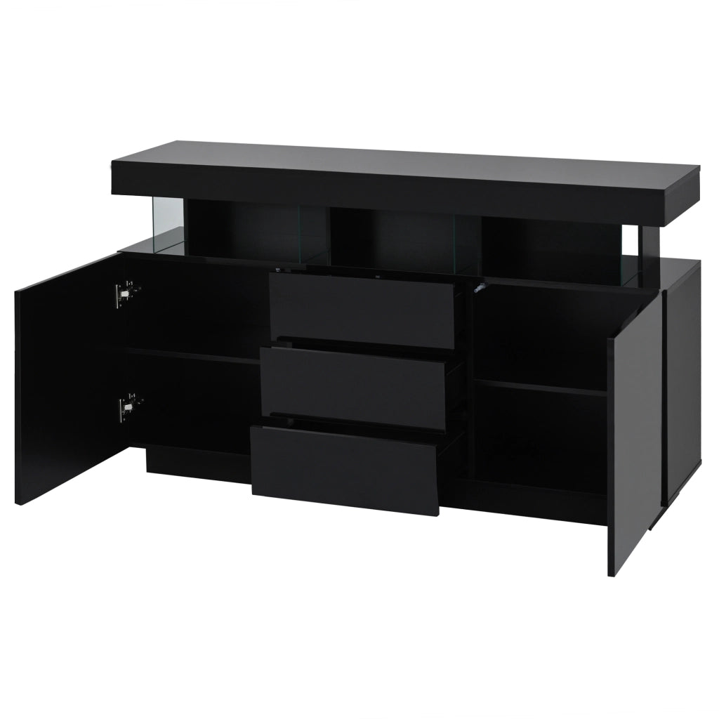 Credenza Moderna Nera Lucida 140 cm con 3 Cassetti e 2 Ante; Mobile Soggiorno con LED