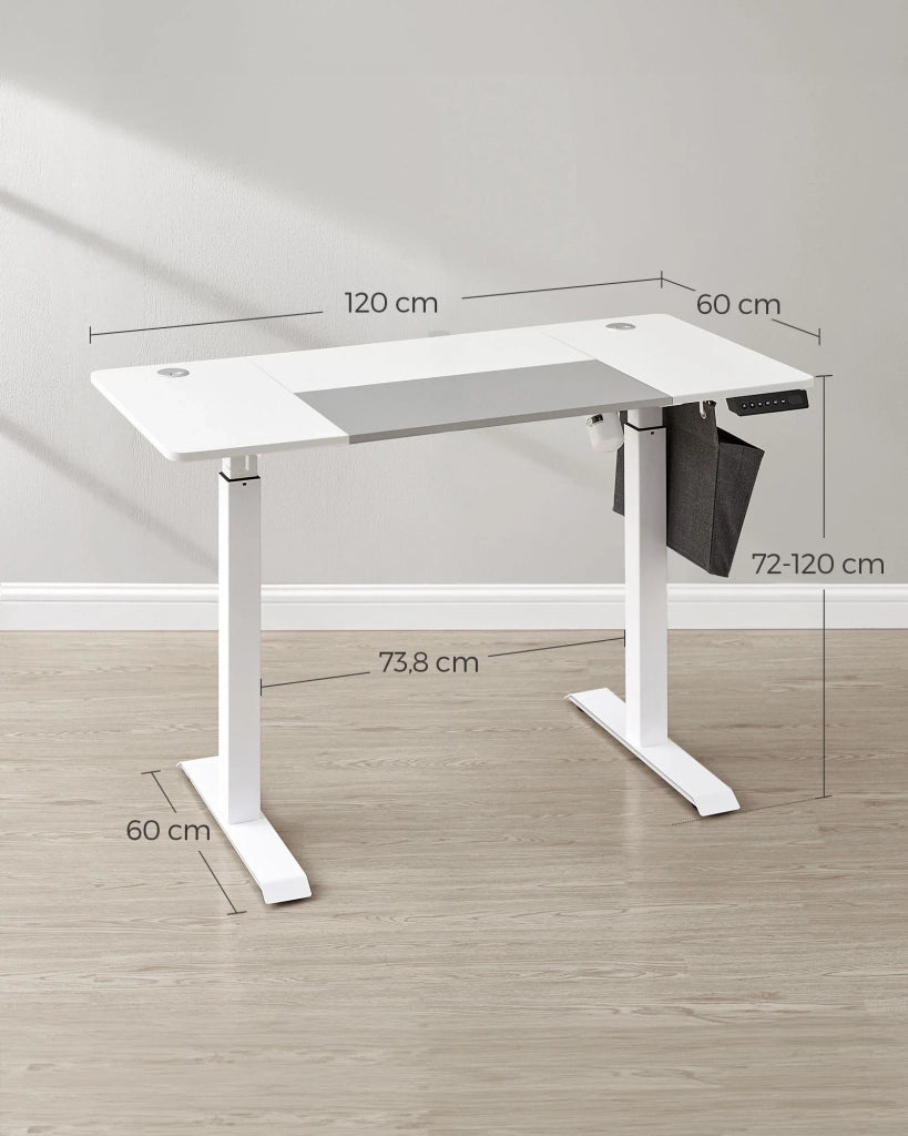 Scrivania elettrica sit-stand 60 x 120 x (72-120) cm tavolo regolabile in altezza con funzione memory 4 impostazioni di altezza tasca portaoggetti struttura in acciaio piano del tavolo bianco spesso 12_0004548