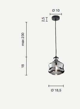 SOSPENSIONE PIN SOLO VETRO/B FUME' CAVO NERO  D.18,5CM H.19CM ATTACCO E14