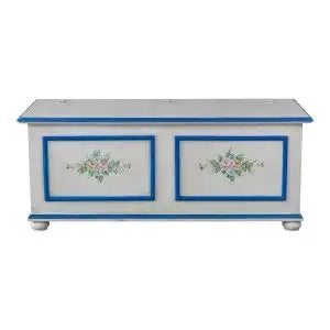 Cassapanca in legno Shabby chic mod cipolla bianco anticato decorato filo blu