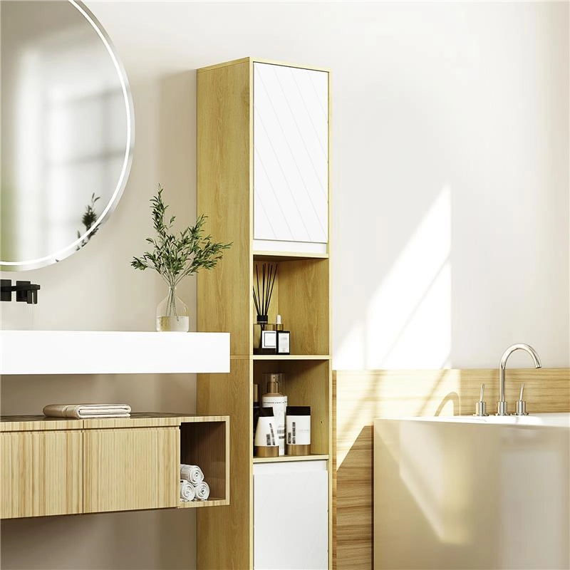 MOBILE COLONNA BAGNO SALVASPAZIO IN LEGNO CON 2 ARMADIETTI E RIPIANI 30X24X170 CM ROVERE E BIANCO