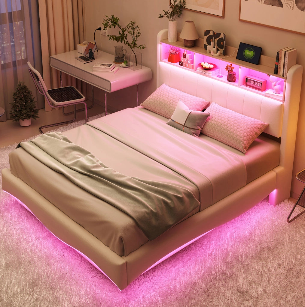Letto Imbottito Sospeso 140x200 cm Beige con LED, USB/Type-C e Contenitore