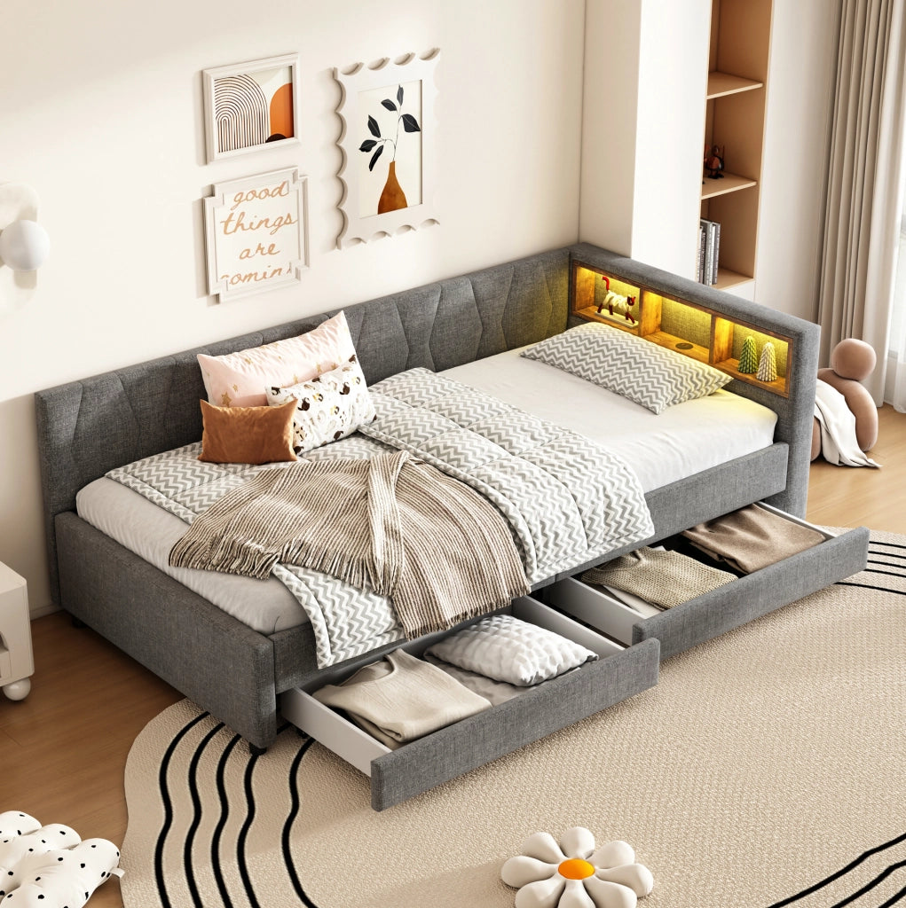 Divano letto 90x200 cm con LED; USB e Type C; in lino e MDF grigio (Senza materasso)