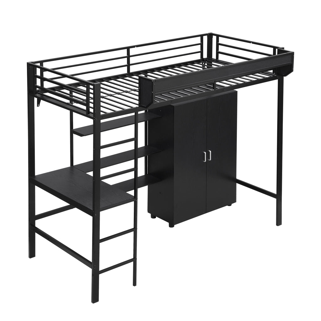 Letto a Soppalco 90x200 cm - Scrivania; Armadio; Ripiani e Scala a 5 Gradini - Nero