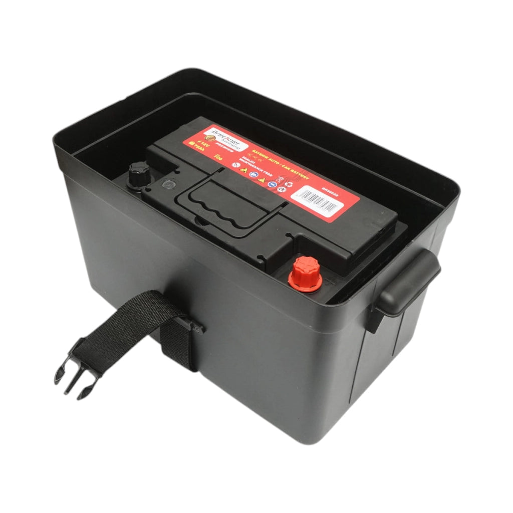 Scatola batteria auto 12 V con voltmetro DC 6–36 V, interruttore circuito 16 A, 2 prese accendisigari, display LCD, 2×USB, 340×195×200 mm.