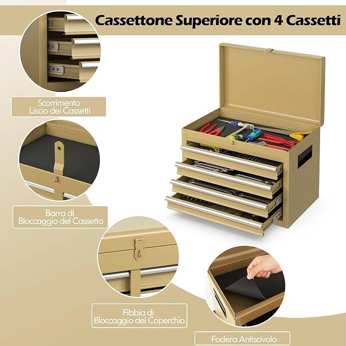 Cassettiera Portautensili a 4 Cassetti, Carrello per Attrezzi con Ruote Bloccabili Ripiano Regolabile e Rivestimento Antiscivolo, 59 x 28 x 102 cm (Giallo Deserto)