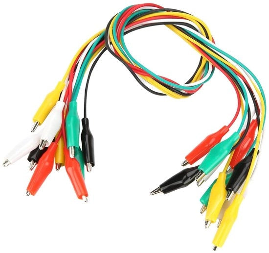 Set di 10 klemme a forma di coccodrillo colorate - 50 cm di lunghezza - Num. 35 mm - Cavo doppio per multiguida - Cavo di misura in silicone - Altre parole chiave: elettronica, attrezzatura di prova