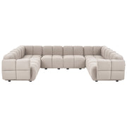 Divano modulare a forma di U in tessuto beige, set componibile da otto elementi, divano modulare in stile moderno