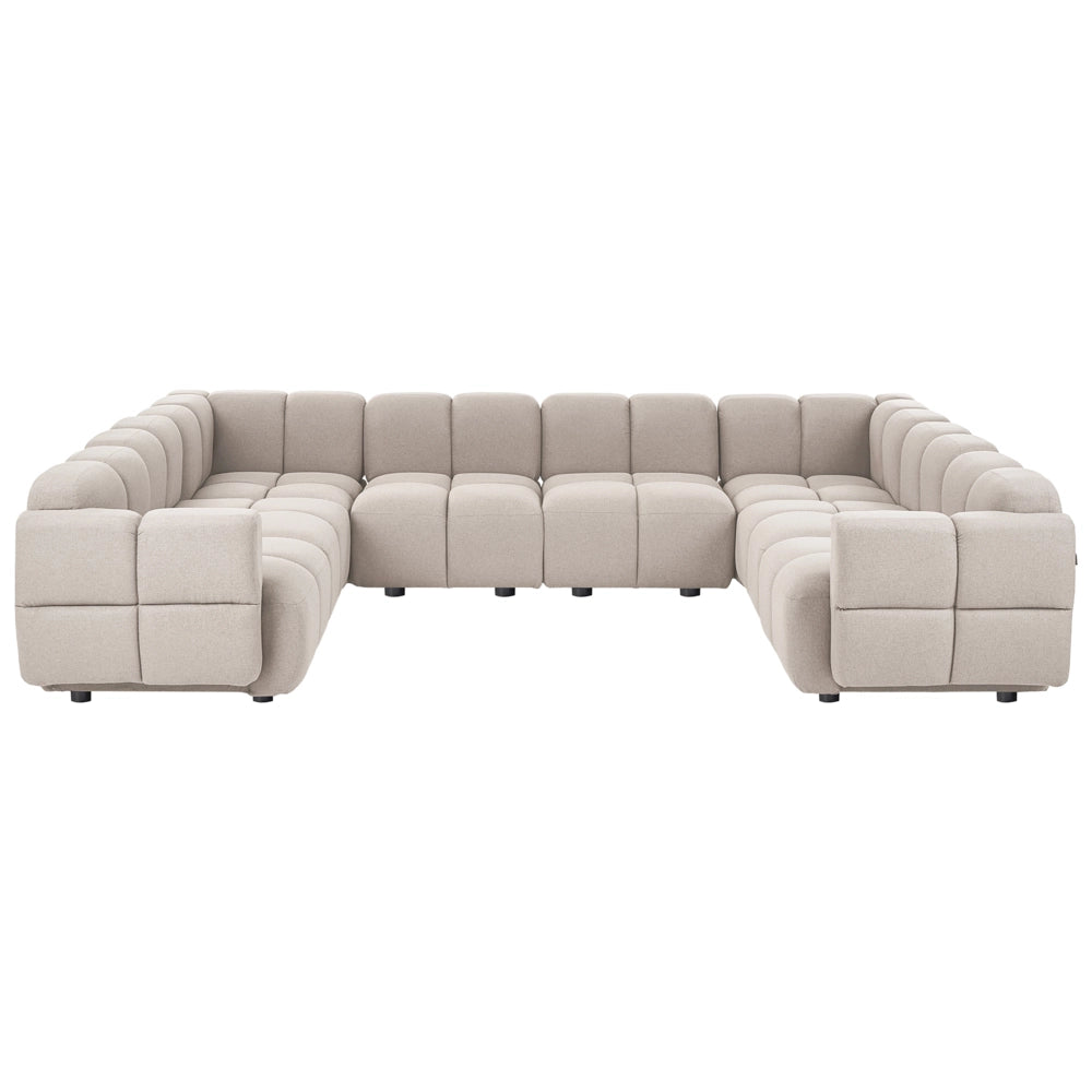 Divano modulare a forma di U in tessuto beige, set componibile da otto elementi, divano modulare in stile moderno