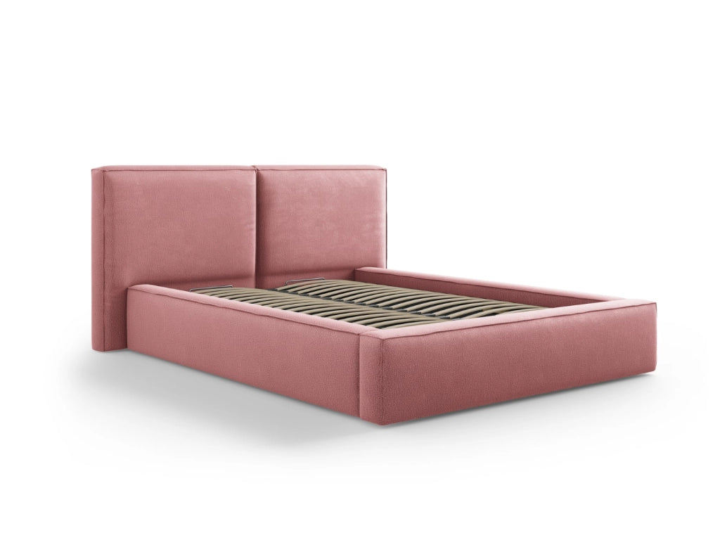 Cosmopolitan Design - Letto a cassettone con testiera doppia "Arendal" 140x200cm in tessuto strutturato rosa 