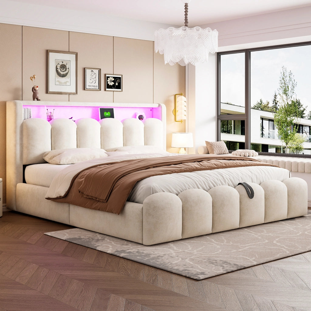 Letto Contenitore Matrimoniale 180x200 cm; USB; Type-C; LED; in Velluto - Beige