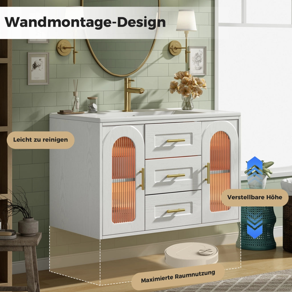 Mobile sottolavabo sospeso con lavabo in MDF e vetro LED, 2 cassetti, ripiani regolabili, bianco 76 × 46 × 55 cm