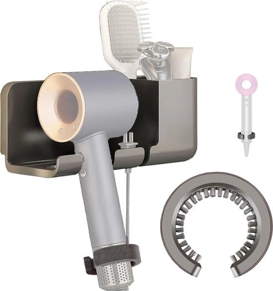 Supporto per asciugatrice senza forare, Supporto per asciugatrice in ABS con 2 ripiani di stoccaggio, Supporto per asciugatrice senza forare, Spazzola per la pulizia del filtro per accessori di asciugacapelli