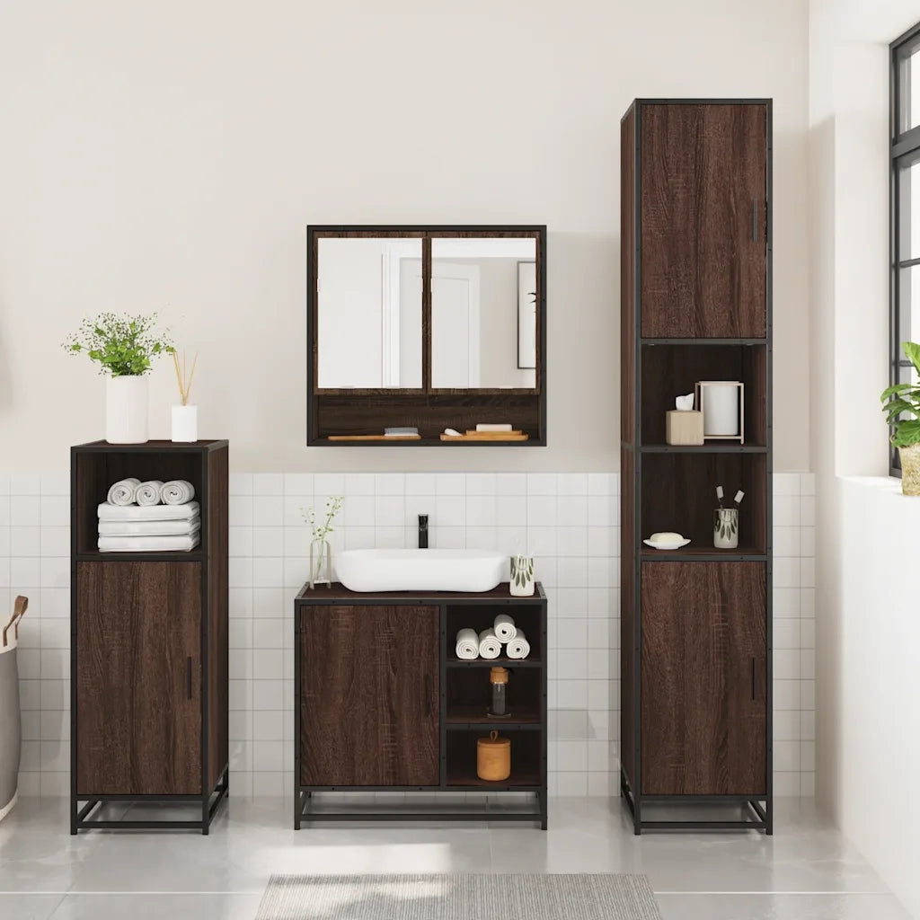 Set Mobili da Bagno 3 pz Rovere Marrone in Legno Multistrato