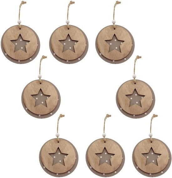 Set di decorazioni per albero di Natale in legno da 8 pezzi - 3D effetto - Ø 9 cm - corda di juta - ideale per la decorazione natalizia