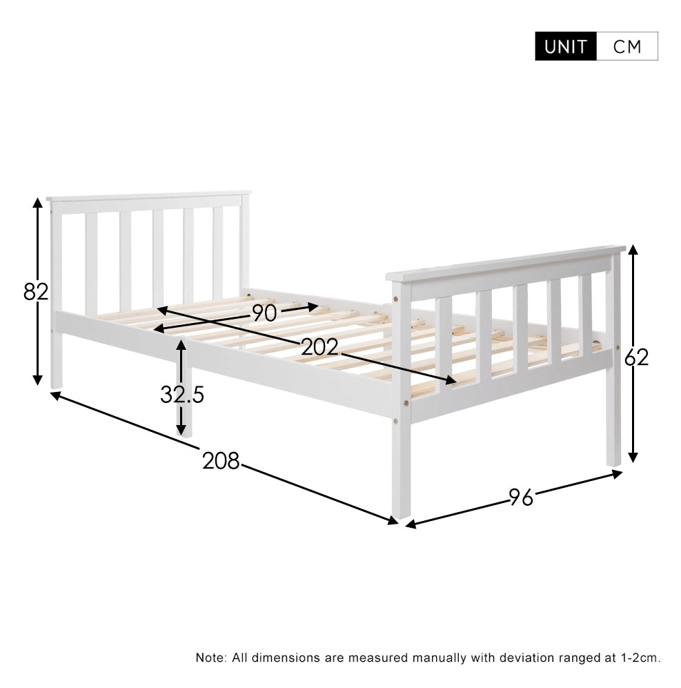 Letto singolo 90x200 cm con rete a doghe; in legno massello bianco
